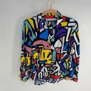 Big Dart Women's Multicolor Button Abstract Long Sleeve Blouse Size Medium